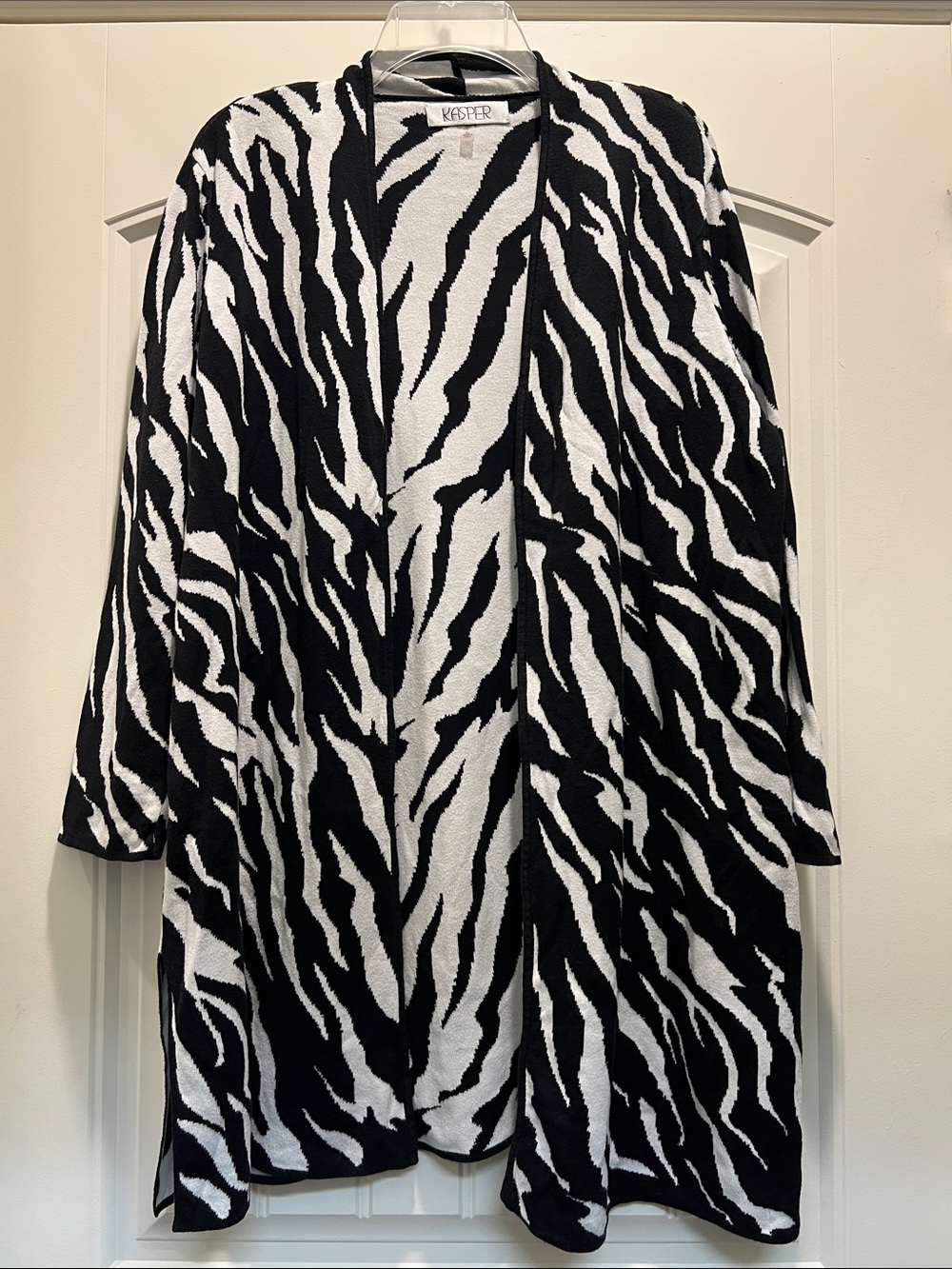 Kasper Black & White Zebra-Print Open Cardigan